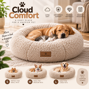 Cloud Comfort self-warming round teddy fleece pet bed in Linen