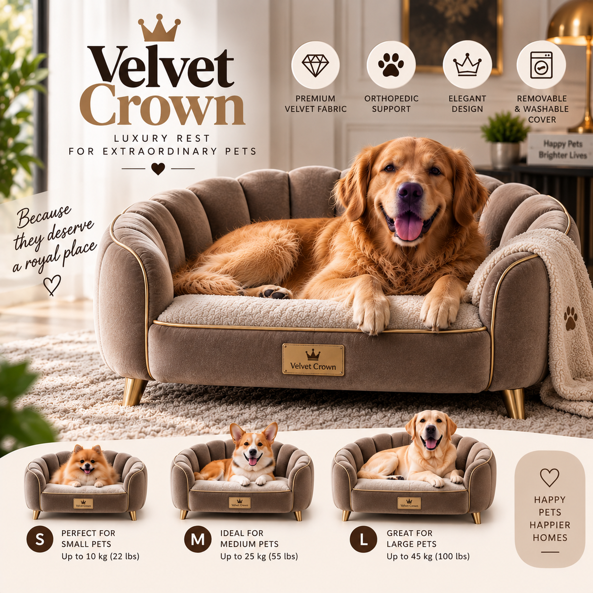 Velvet Crown luxury velvet pet sofa with gold legs in Linen