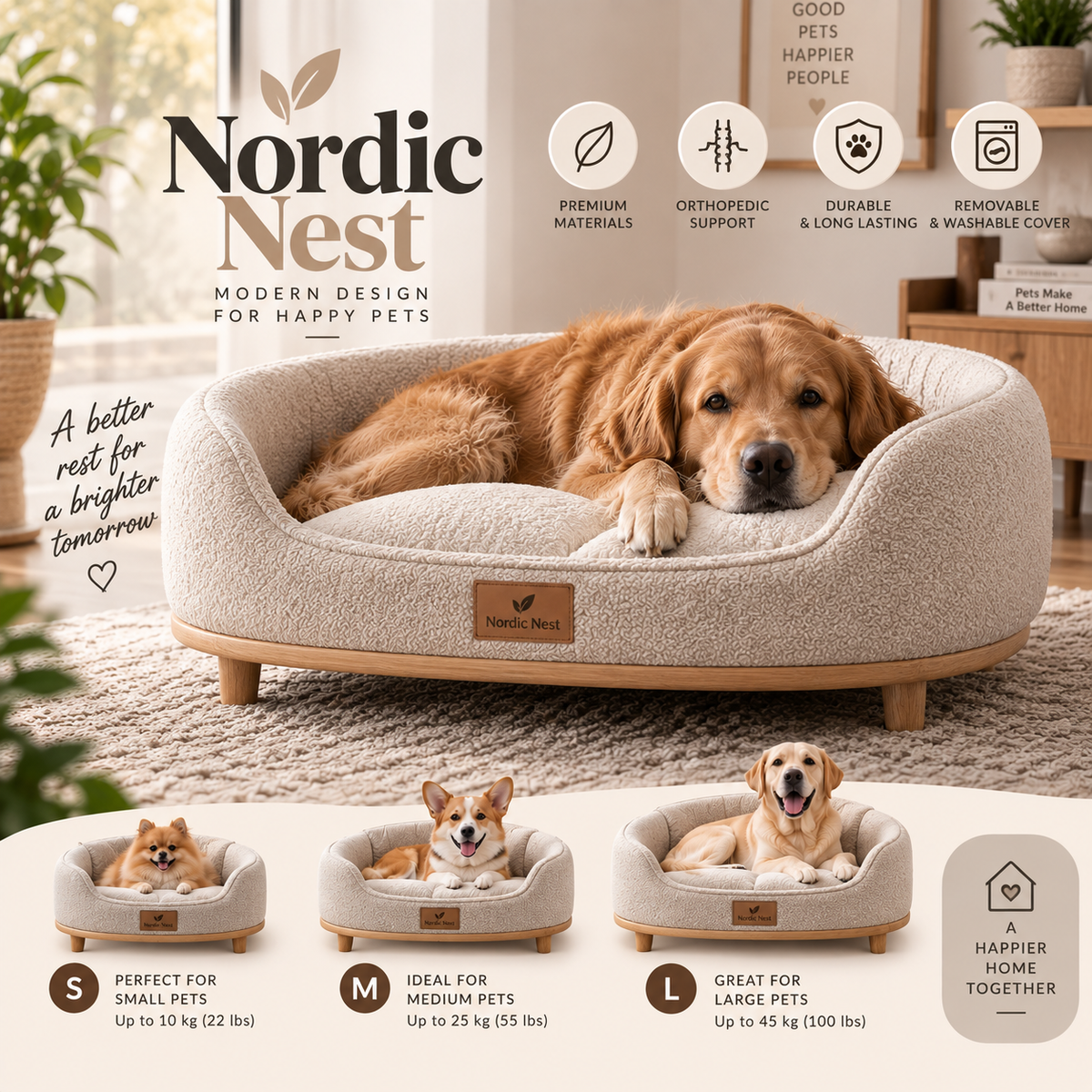 Nordic Nest elevated bouclé pet bed with wooden base in Linen