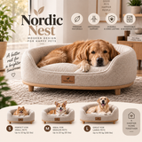 Nordic Nest elevated bouclé pet bed with wooden base in Linen