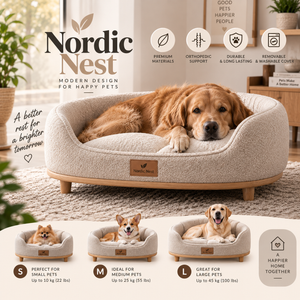 Nordic Nest elevated bouclé pet bed with wooden base in Linen