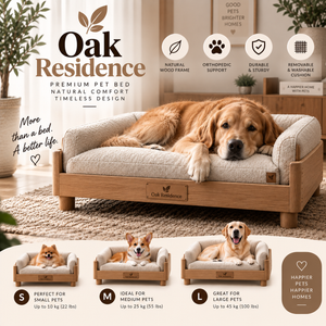Oak Residence wooden frame dog bed with bouclé cushion in Linen