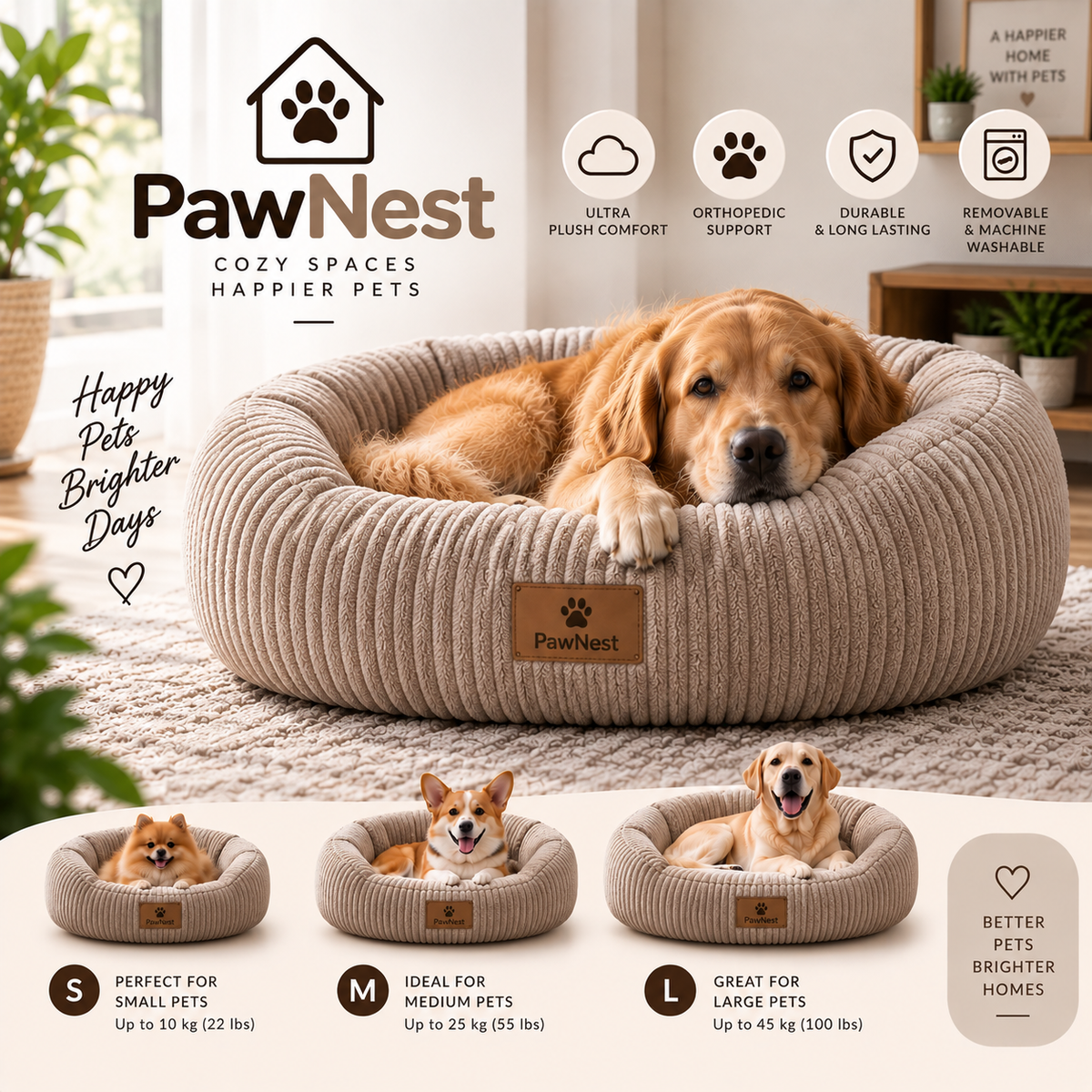 PawNest ribbed plush round pet bed in Linen