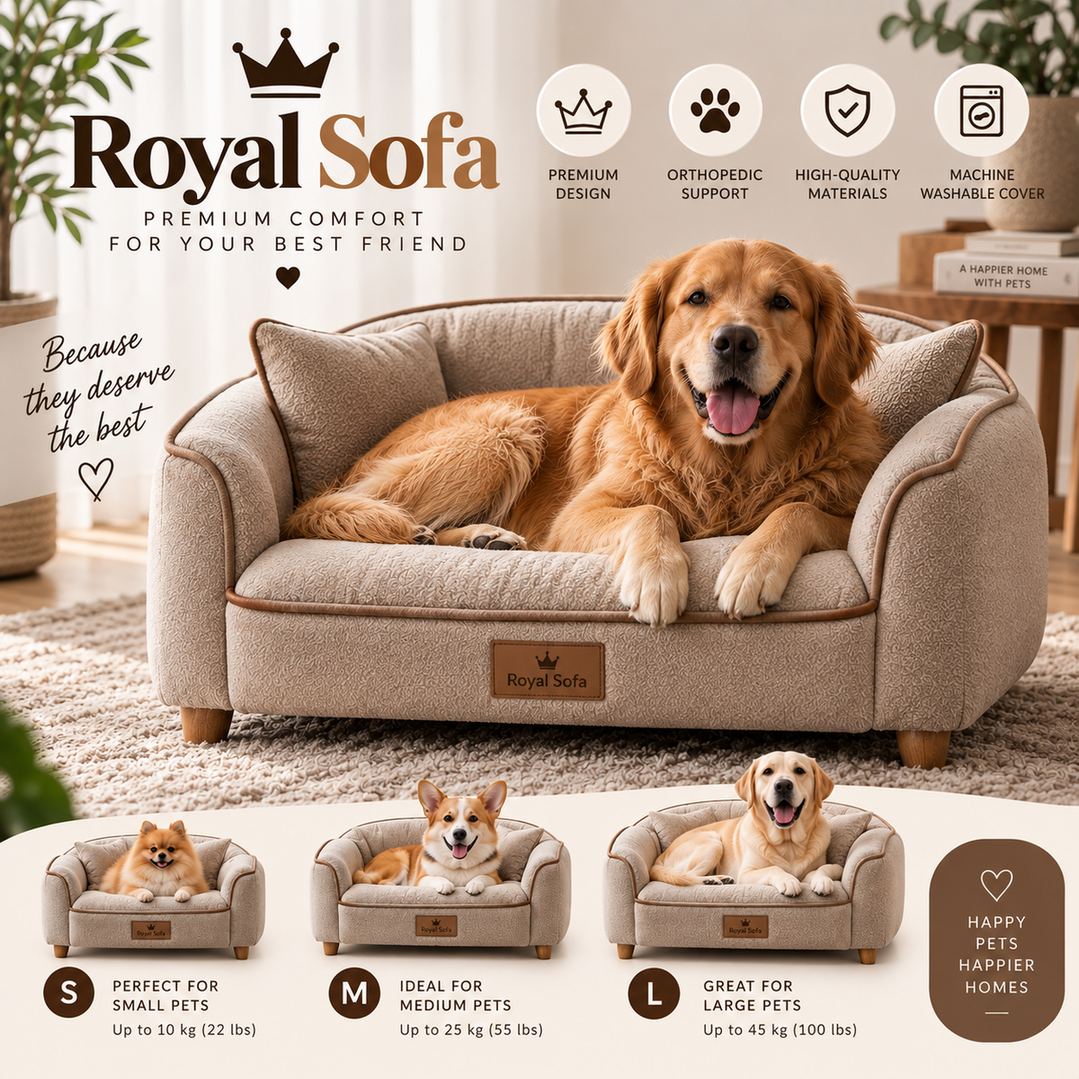 Royal Sofa luxury bouclé dog sofa with pillows in Linen